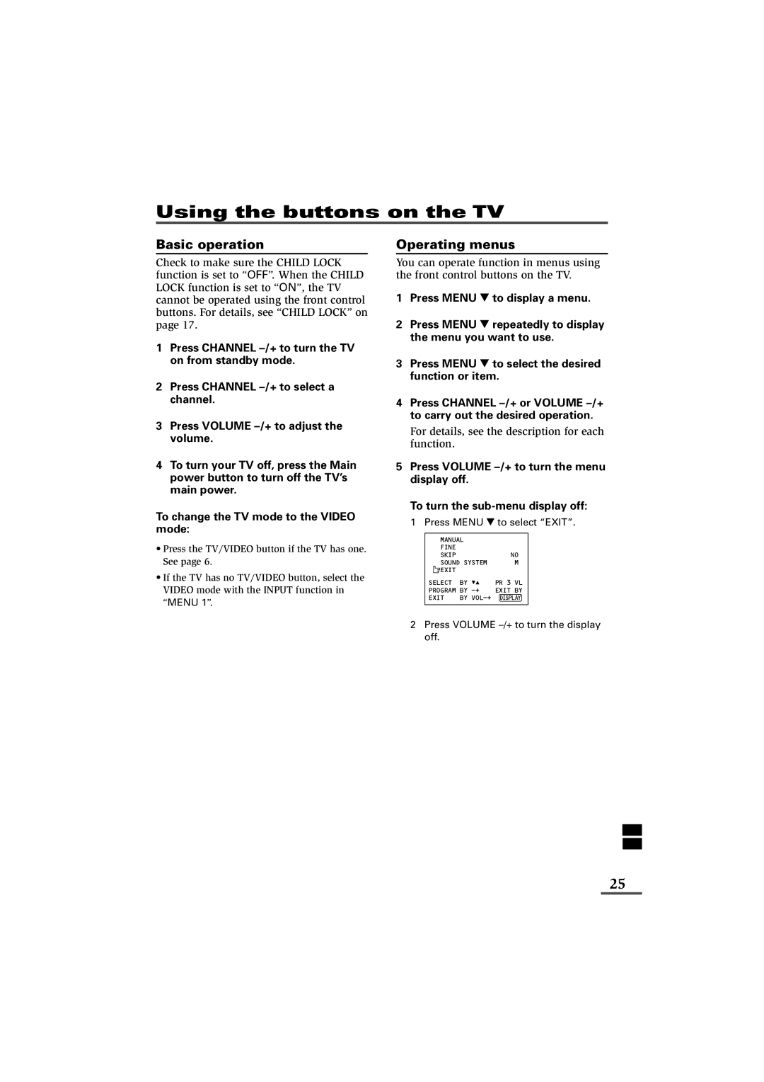 JVC AV-29WX11, AV-21VS21, AV-29VS21, AV-29WS21, AV-29VX71 Using the buttons on the TV, Basic operation, Operating menus 