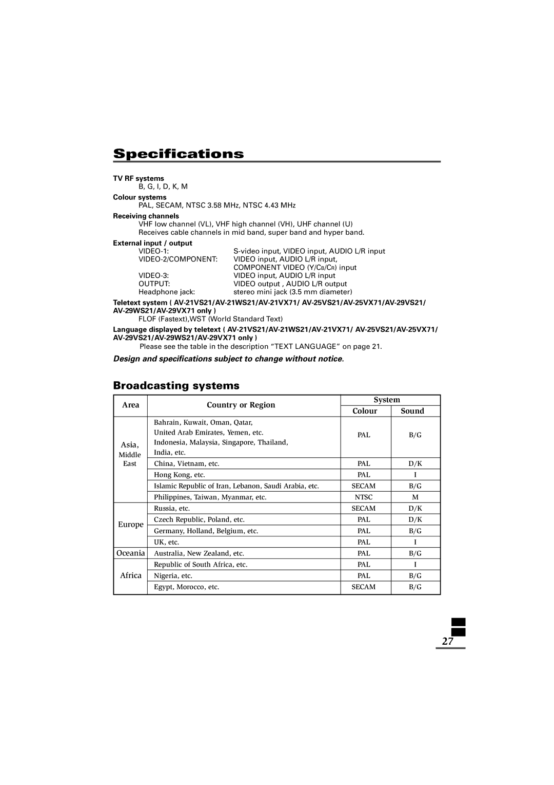 JVC AV-25VX71, AV-21VS21, AV-29VS21, AV-29WS21, AV-29WX11, AV-29VX71, AV-25VS21 Specifications, Asia, Europe, Oceania, Africa 