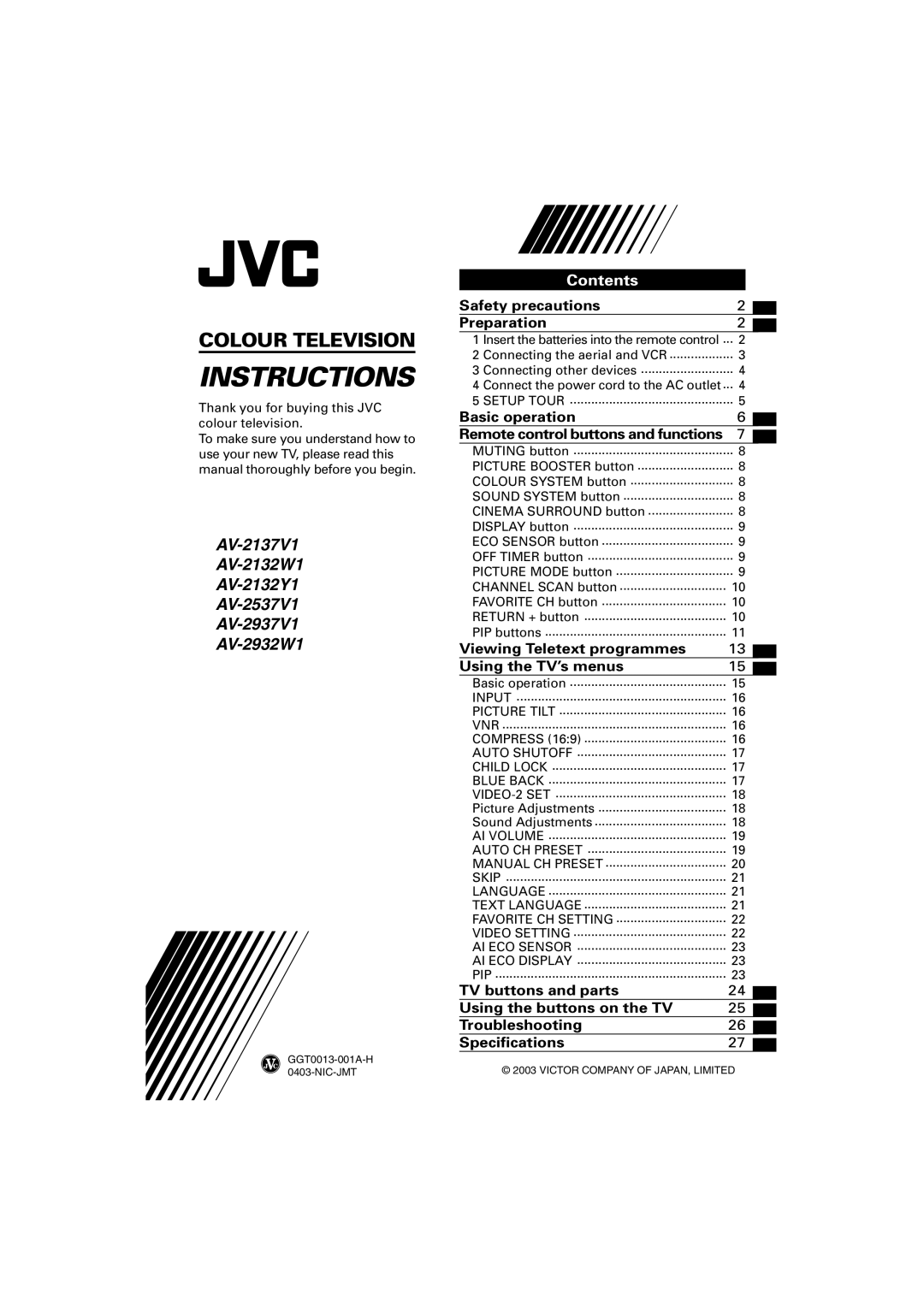 JVC AV-21YX11, AV-21VS21, AV-29VS21, AV-29WS21, AV-29WX11 AV-2137V1 AV-2132W1 AV-2132Y1 AV-2537V1 AV-2937V1 AV-2932W1 