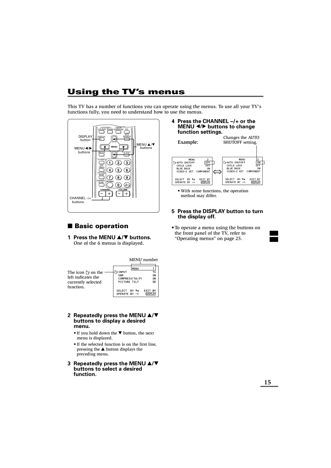 JVC AV-21VX71, AV-21VS21, AV-29VS21, AV-29WS21, AV-29WX11, AV-29VX71, AV-25VX71, AV-25VS21, AV-21YX11 Press the Menu Tbuttons 