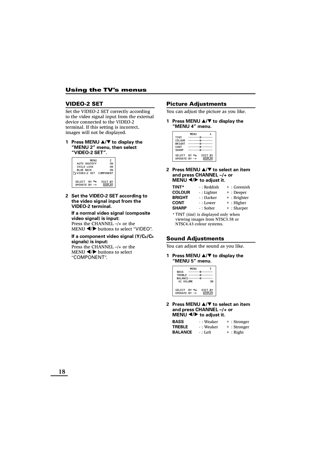 JVC AV-29WS21, AV-21VS21, AV-29VS21 Press Menu Tto display the Menu 4 menu, Press Menu Tto display the Menu 5 menu 