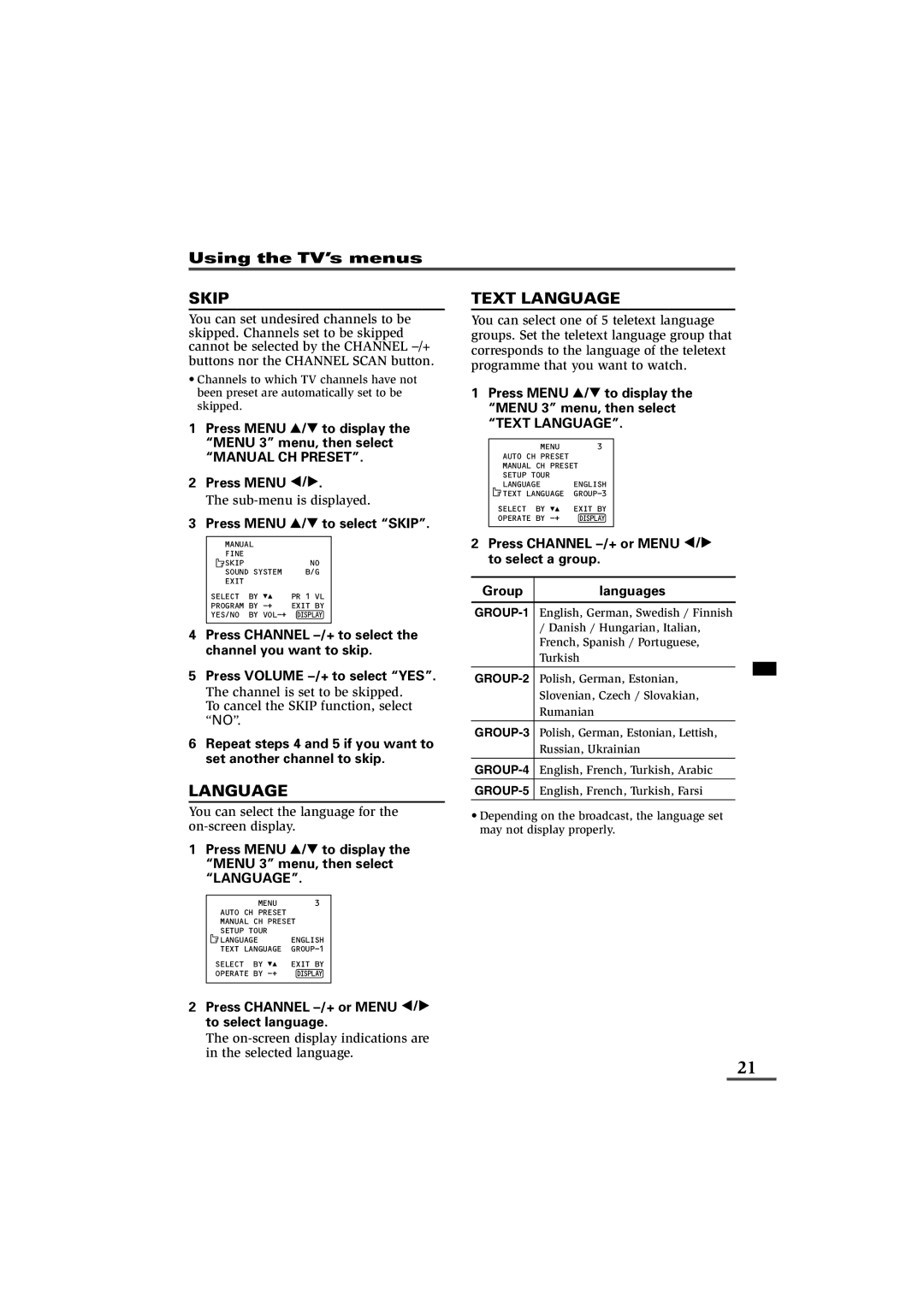 JVC AV-25VX71, AV-21VS21 Press Menu Tto select Skip, Press Menu Tto display the Menu 3 menu, then select Language 