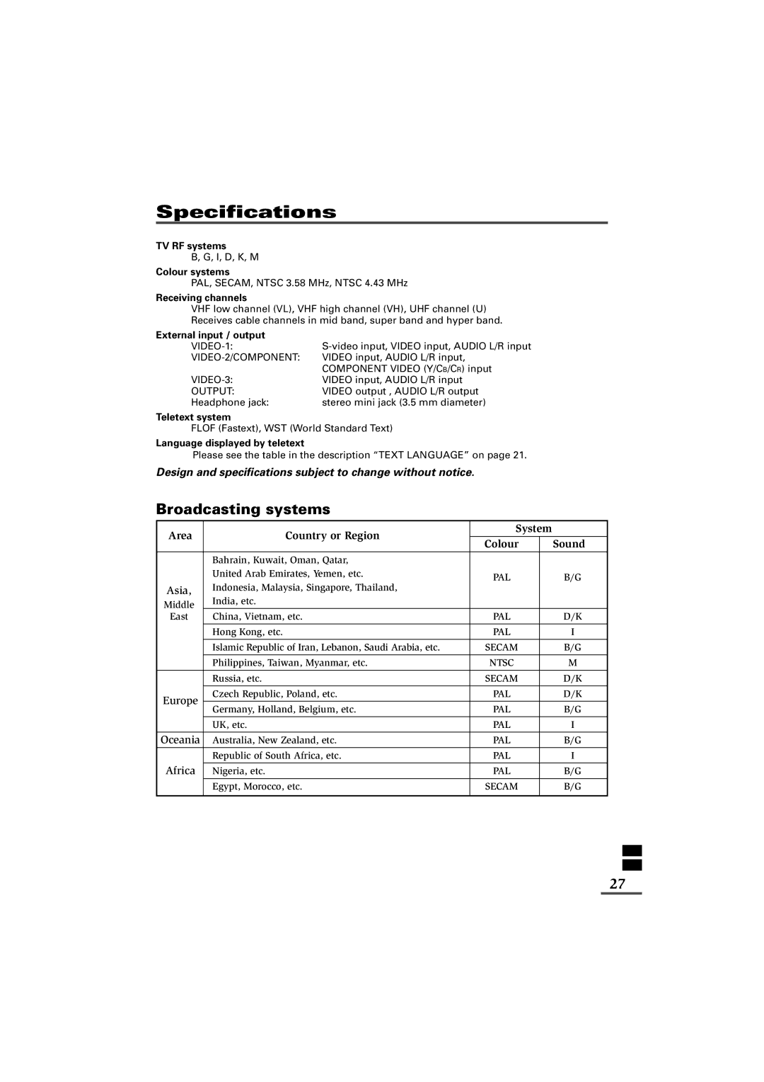 JVC AV-21VS21, AV-29VS21, AV-29WS21, AV-29WX11, AV-29VX71, AV-25VX71, AV-25VS21, AV-21YX11 Area Country or Region System 