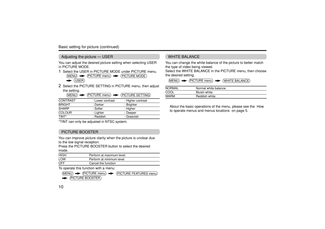 JVC AV-21VS24, AV-25VS24 specifications Basic setting for picture Adjusting the picture User, White Balance, Picture Booster 