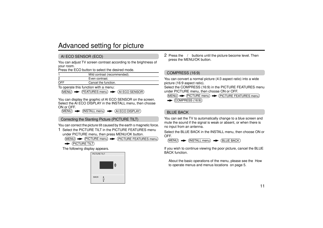 JVC AV-25VS24 Advanced setting for picture, AI ECO Sensor ECO, Correcting the Slanting Picture Picture Tilt, Compress 