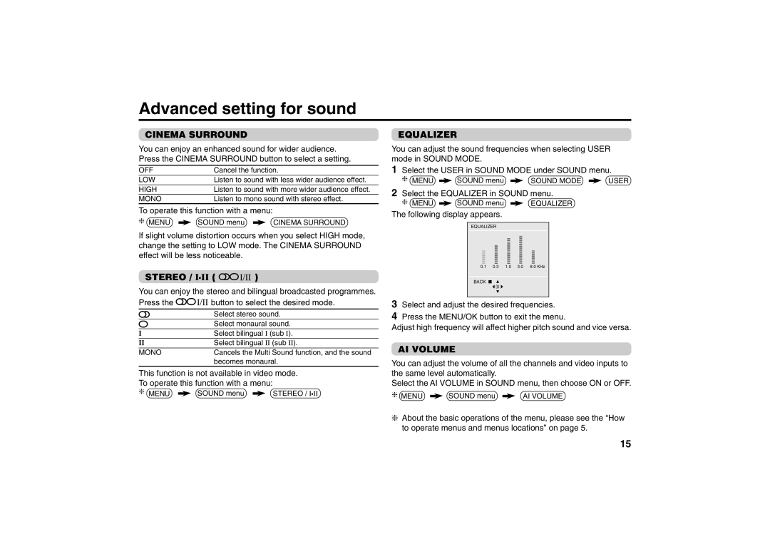 JVC AV-25VS24, AV-21VS24 specifications Advanced setting for sound, Cinema Surround, Stereo, Equalizer, AI Volume 