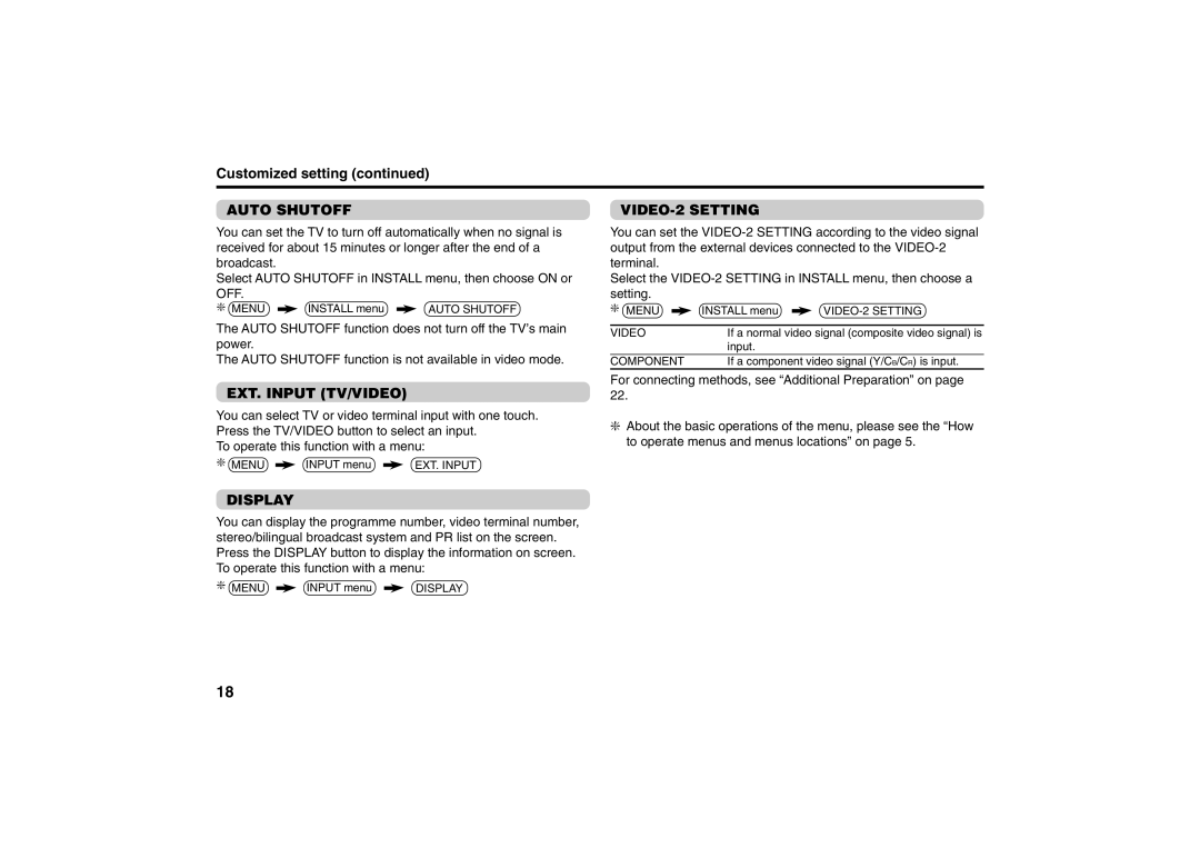 JVC AV-21VS24, AV-25VS24 specifications Customized setting, Auto Shutoff VIDEO-2 Setting, EXT. Input TV/VIDEO, Display 