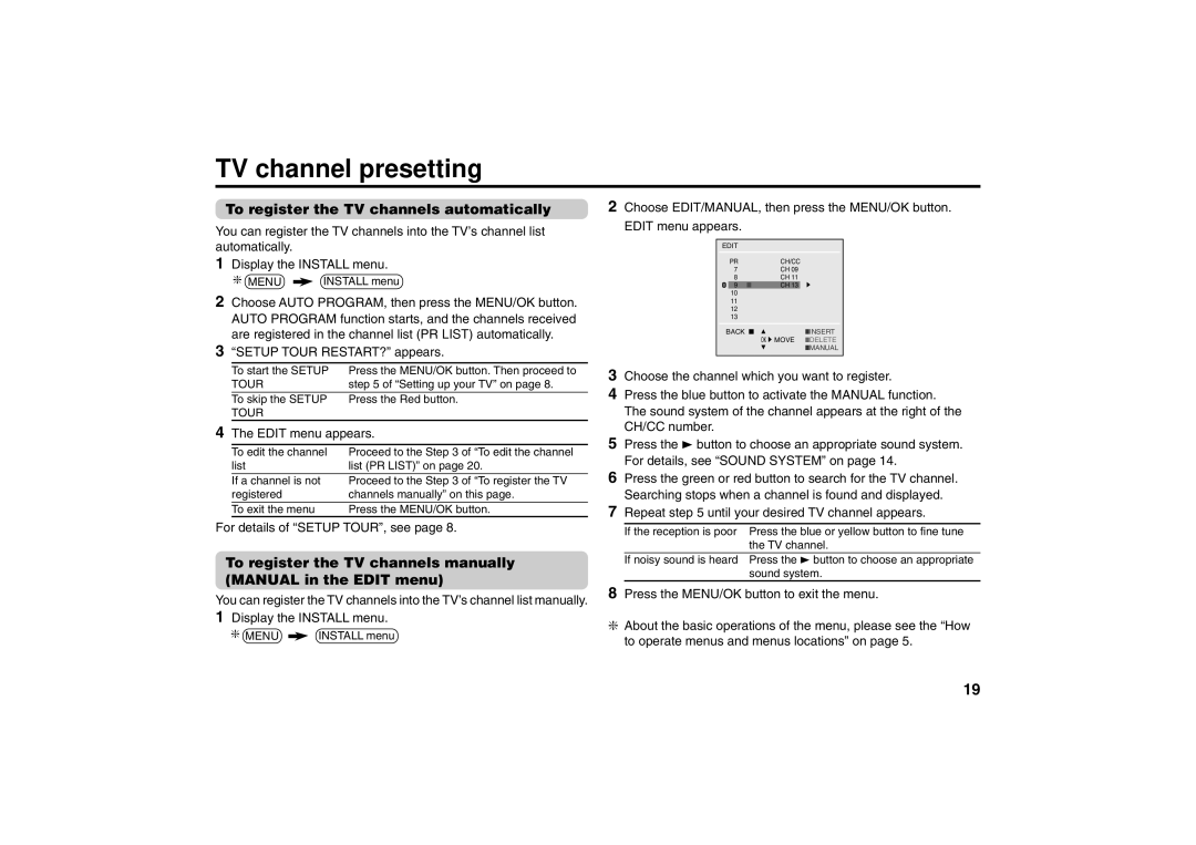 JVC AV-25VS24, AV-21VS24 TV channel presetting, To register the TV channels automatically, Edit menu appears, Tour 