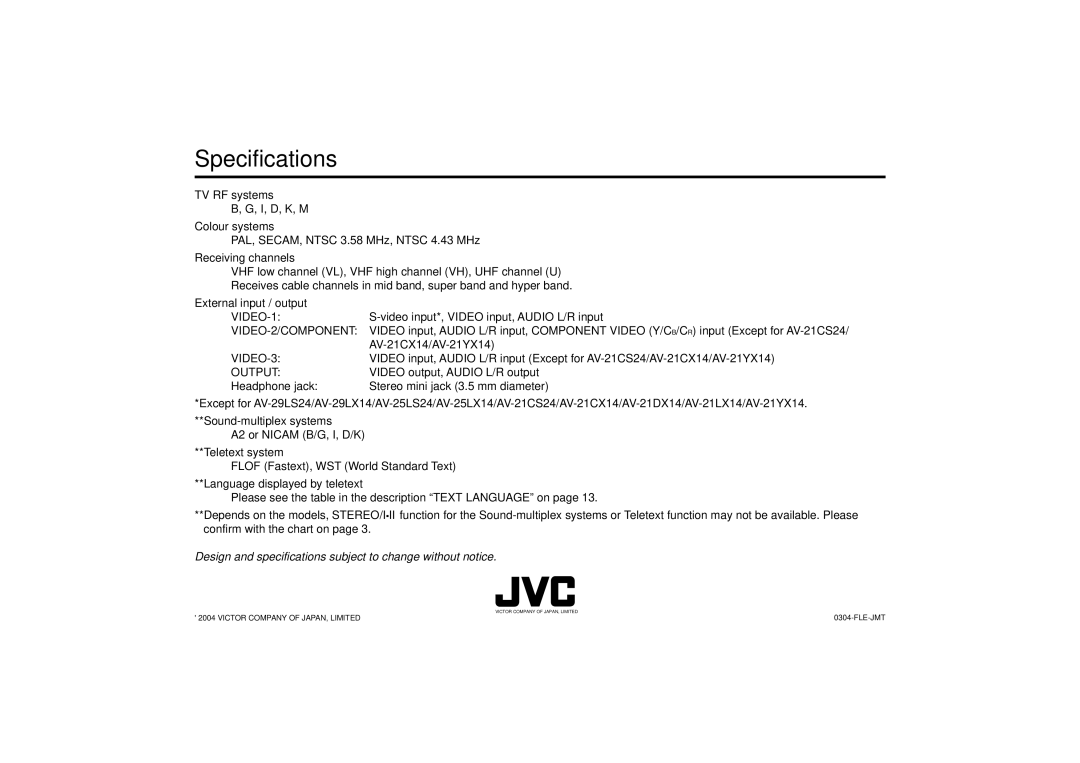 JVC AV-21VS24, AV-25VS24 specifications Specifications 