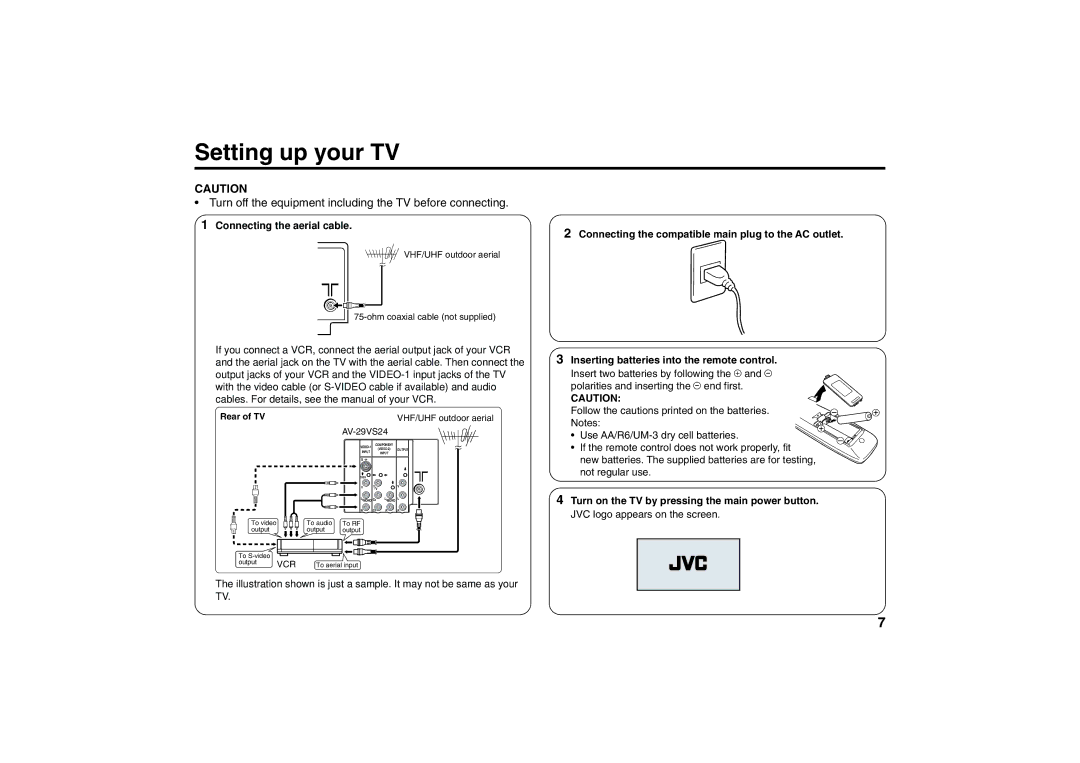 JVC AV-25VS24, AV-21VS24 specifications Setting up your TV, Turn off the equipment including the TV before connecting 