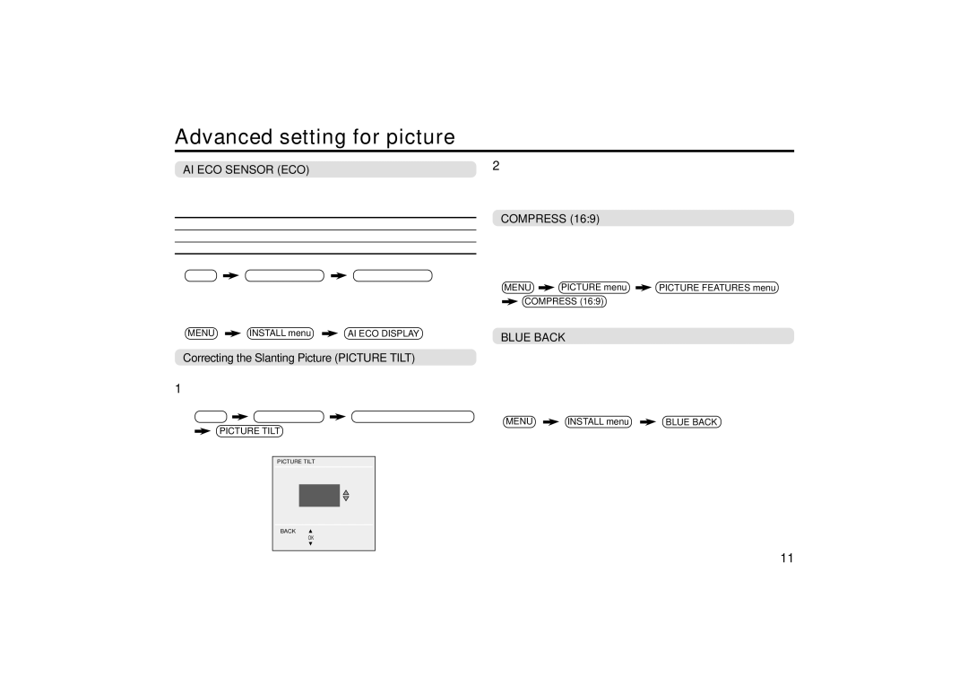 JVC GGT0040-001B-H Advanced setting for picture, AI ECO Sensor ECO, Correcting the Slanting Picture Picture Tilt, Compress 