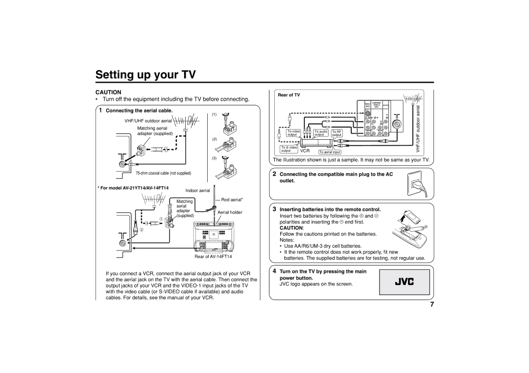 JVC AV-29VT14, AV-21VT14 Setting up your TV, Connecting the aerial cable, Turn on the TV by pressing the main power button 