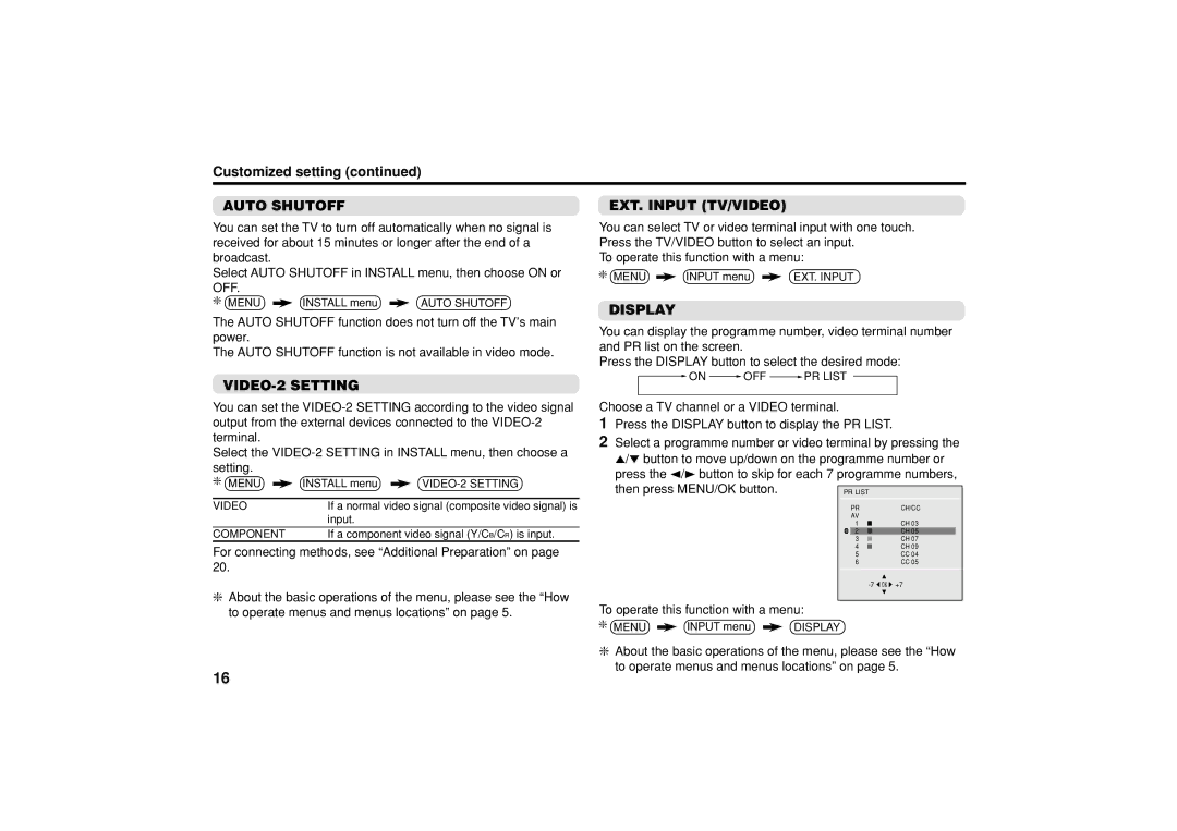 JVC AV-21Y314 specifications Customized setting, Auto Shutoff, EXT. Input TV/VIDEO, Display, VIDEO-2 Setting 