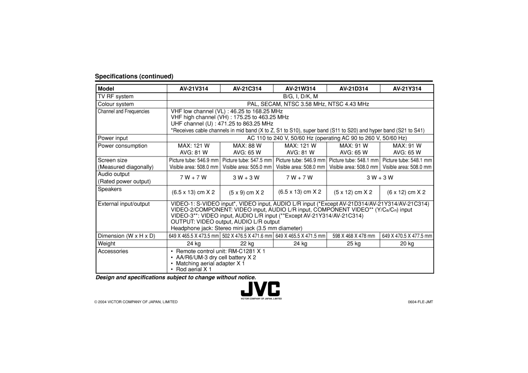 JVC specifications Specifications, Model AV-21V314 AV-21C314 AV-21W314 AV-21D314 AV-21Y314, Weight, 22 kg 24 kg, 20 kg 