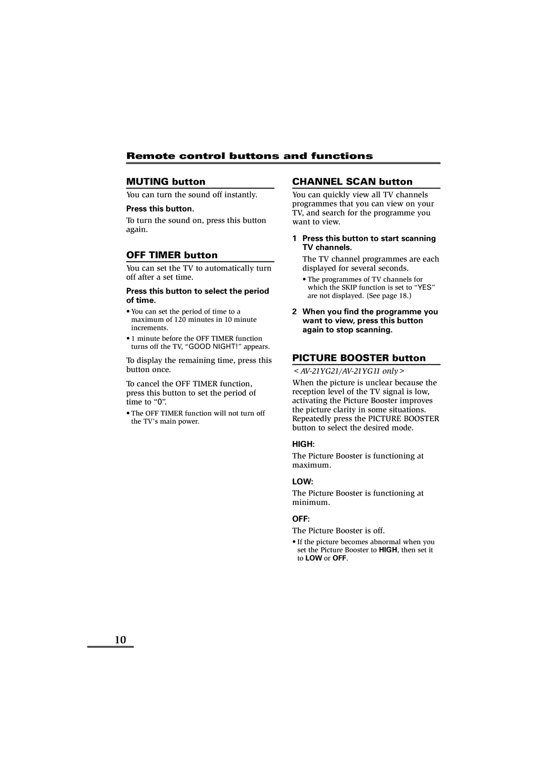 JVC AV-21YG11, AV-21YG21, AV-21WM11 Muting button, OFF Timer button, Channel Scan button, Picture Booster button 