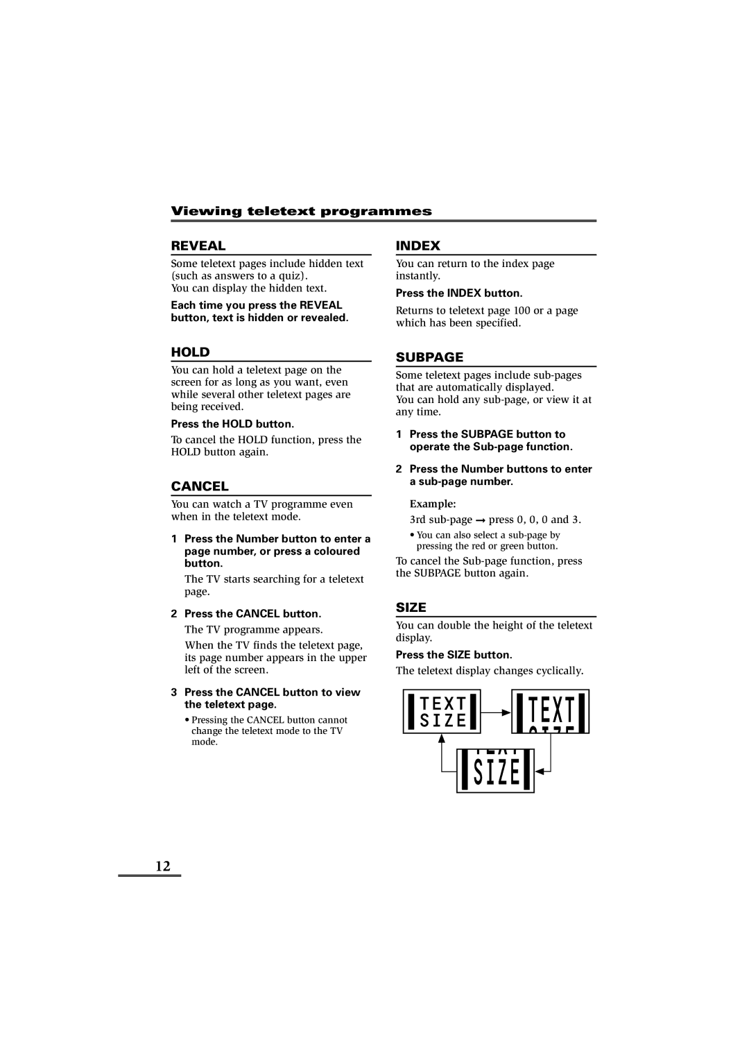 JVC AV-21YG11, AV-21YG21, AV-21WM11 specifications Reveal, Index, Hold, Cancel, Subpage, Size 