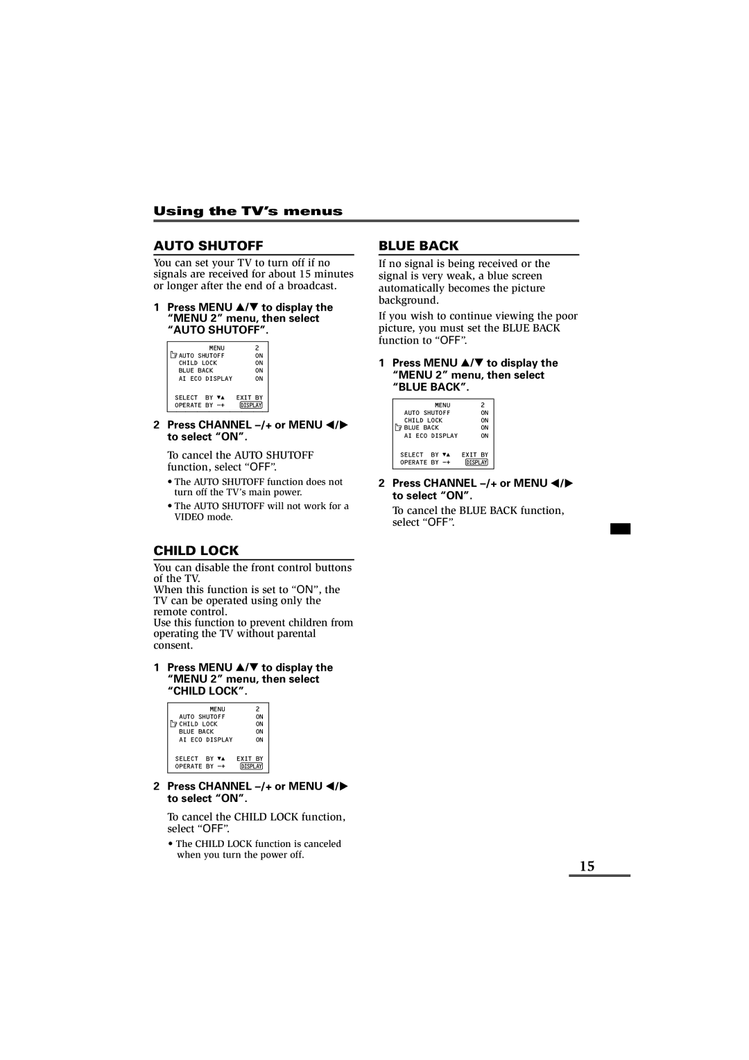 JVC AV-21YG11, AV-21YG21, AV-21WM11 specifications Auto Shutoff, Child Lock, Blue Back 