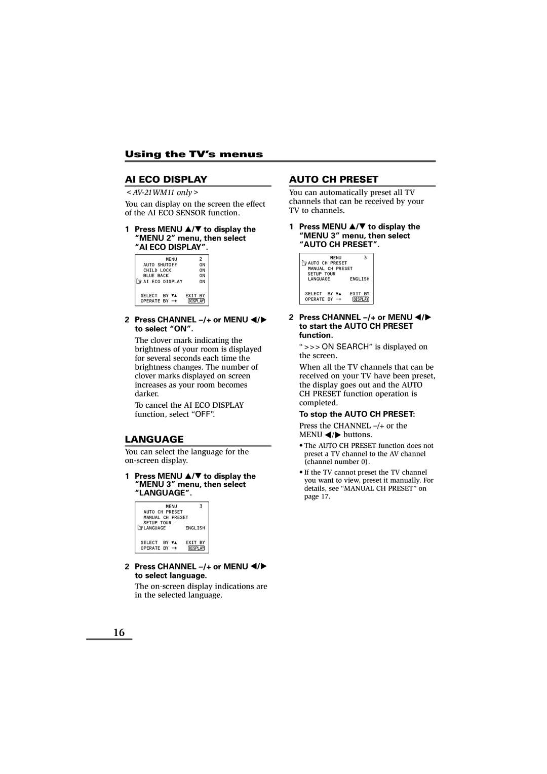 JVC AV-21YG11, AV-21YG21, AV-21WM11 AI ECO Display, Language, Auto CH Preset, Press Channel M or Menu / to select language 