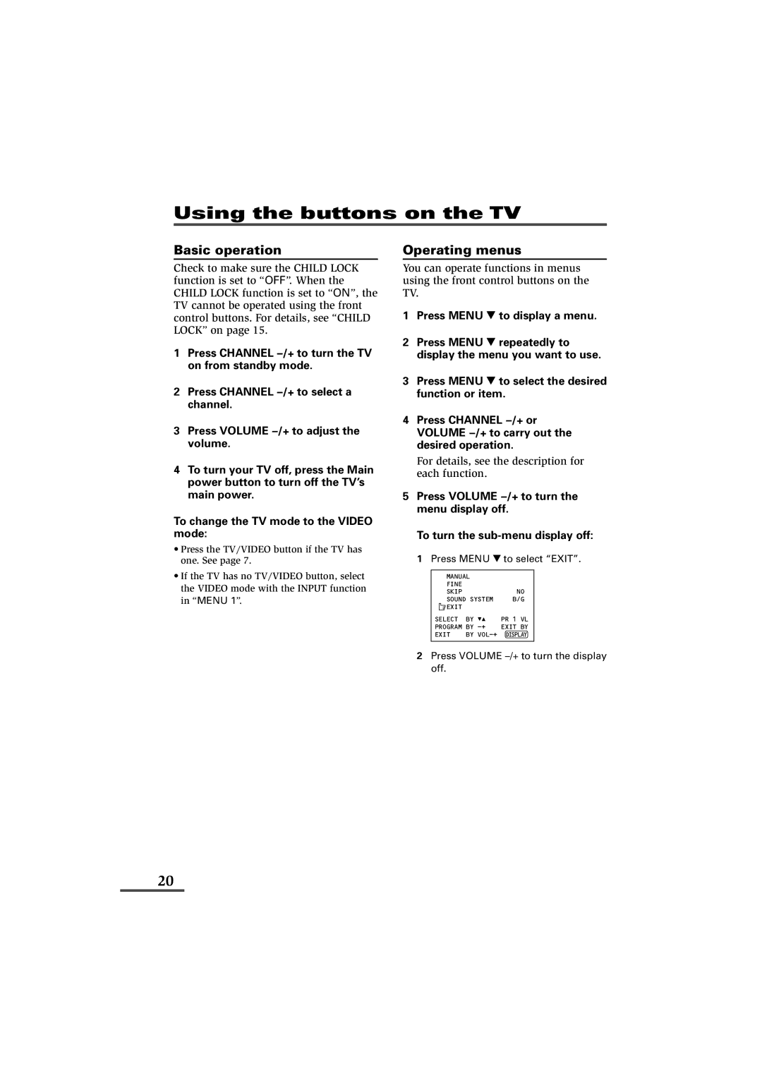 JVC AV-21YG11, AV-21YG21, AV-21WM11 specifications Using the buttons on the TV, Basic operation, Operating menus 