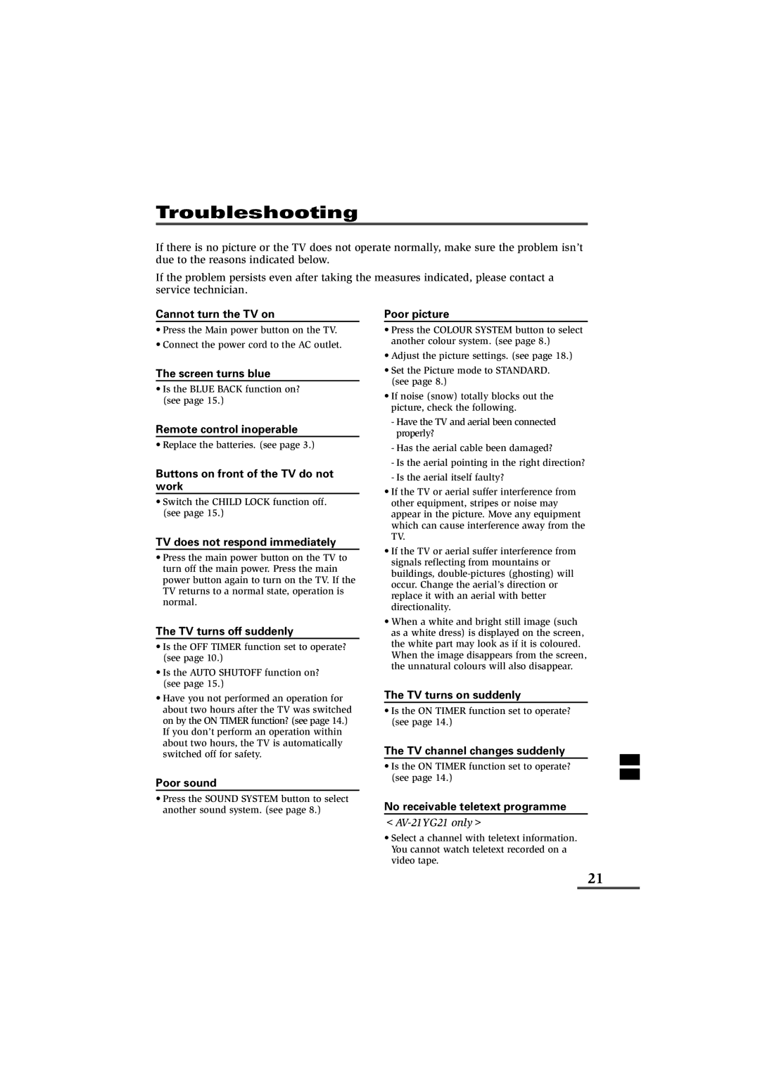 JVC AV-21YG11, AV-21YG21, AV-21WM11 specifications Troubleshooting 