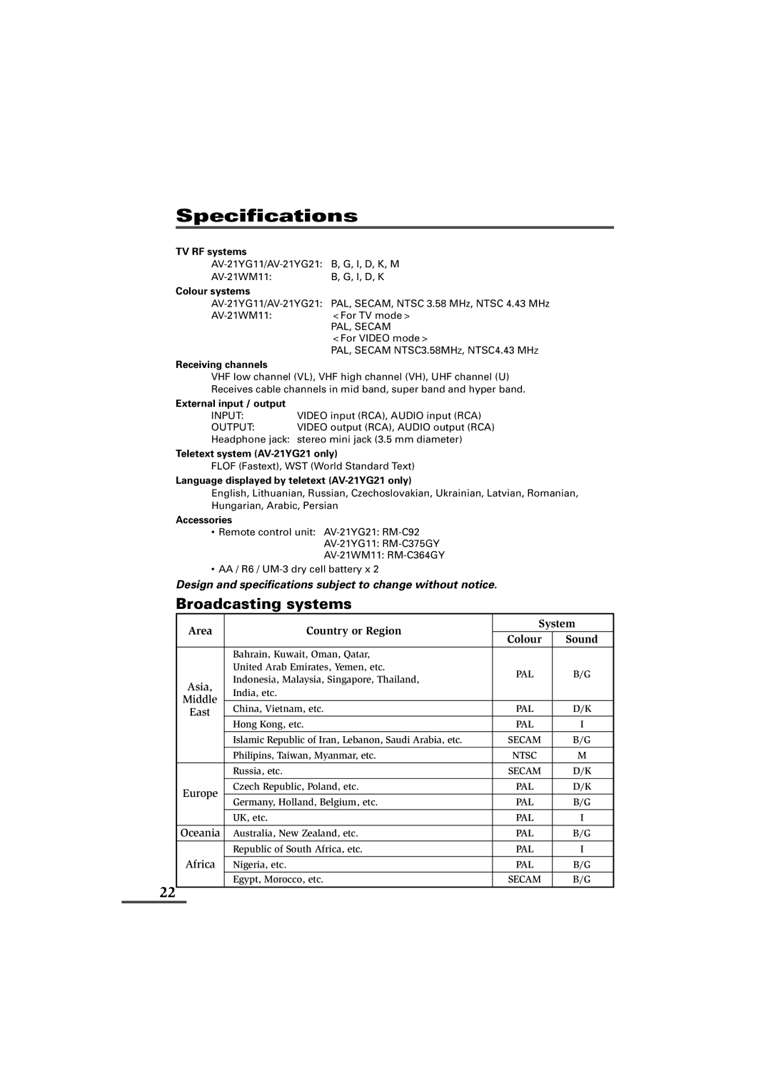 JVC AV-21YG11, AV-21YG21, AV-21WM11 specifications Specifications, Broadcasting systems 