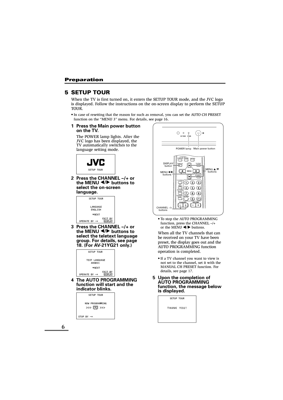 JVC AV-21YG11, AV-21YG21, AV-21WM11 specifications Setup Tour, Press the Main power button on the TV 