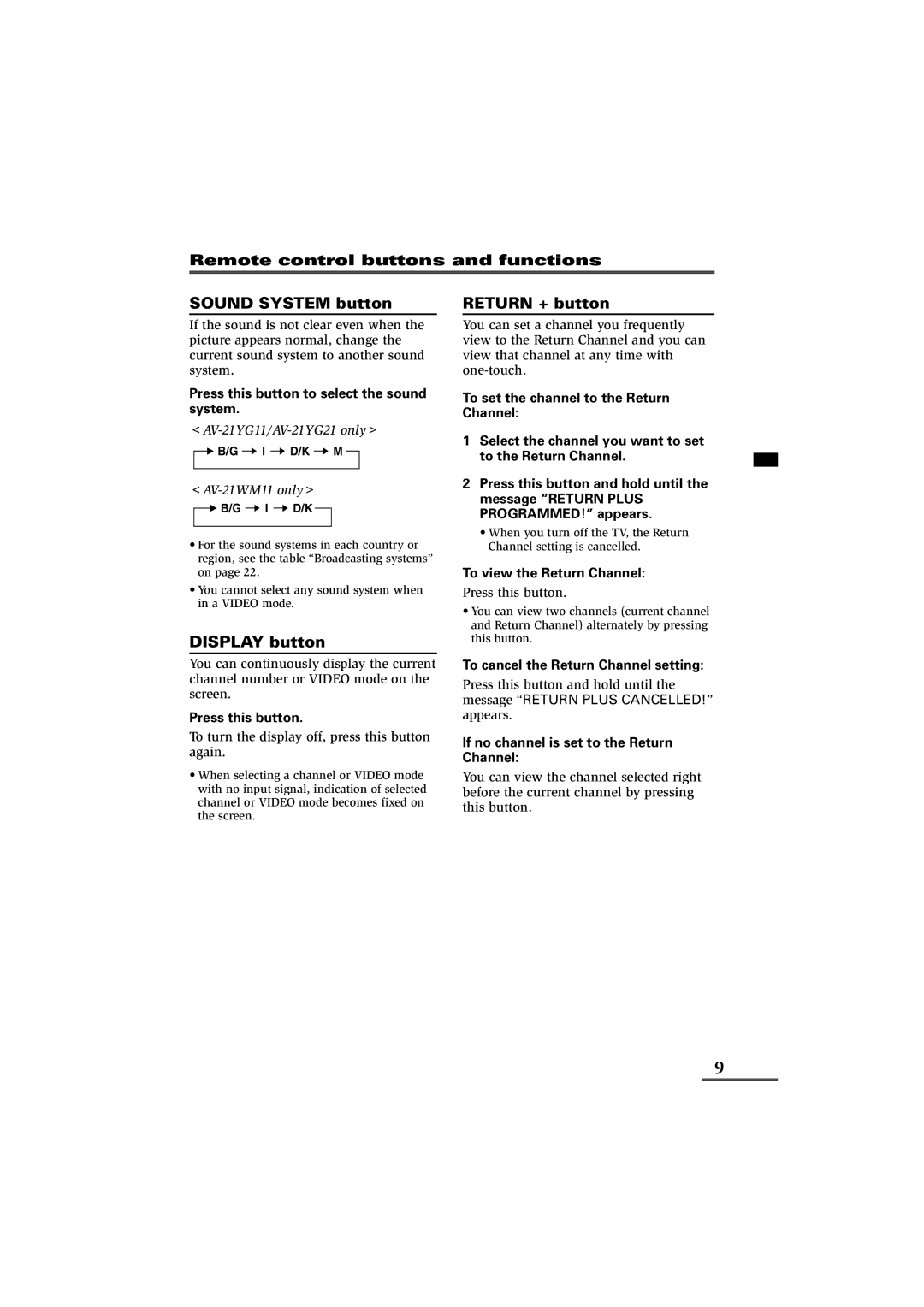 JVC AV-21YG11, AV-21YG21, AV-21WM11 specifications Sound System button, Display button, Return + button 