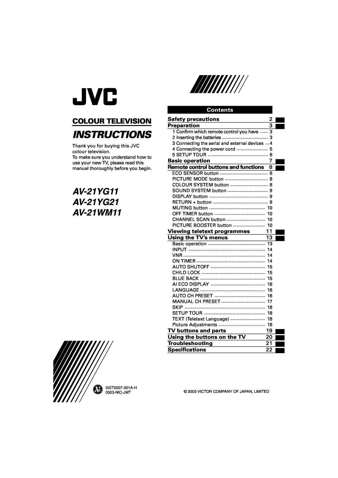 JVC AV-21YG11, AV-21YG21, AV-21WM11 specifications Safety precautions, Preparation, Basic operation, Using the TV’s menus 