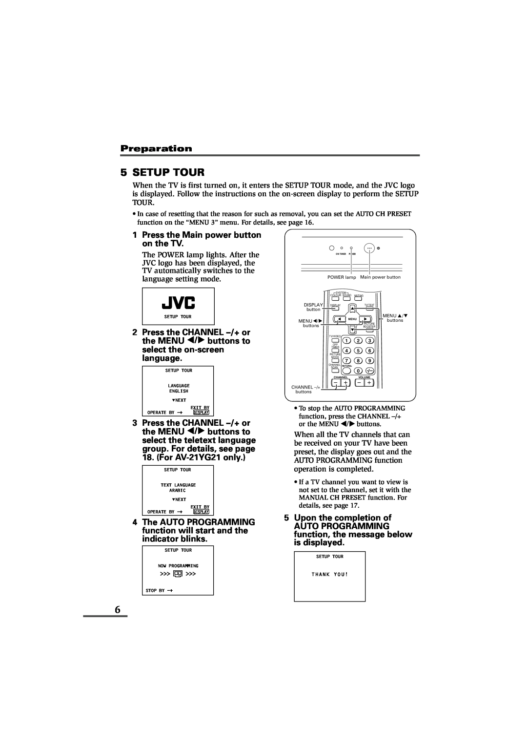 JVC AV-21YG11, AV-21YG21, AV-21WM11 Setup Tour, Press the Main power button on the TV, Upon the completion of, Preparation 