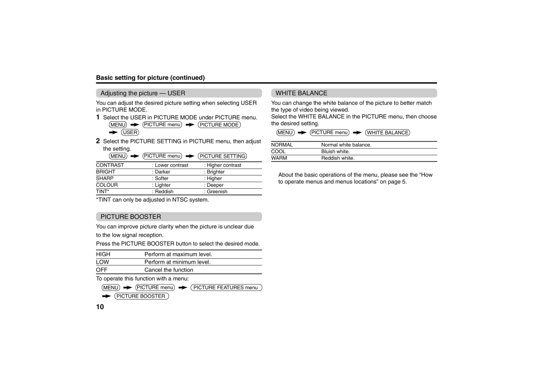 JVC AV-21YS24, AV-21YX50, AV-20NX50 Basic setting for picture Adjusting the picture User, White Balance, Picture Booster 