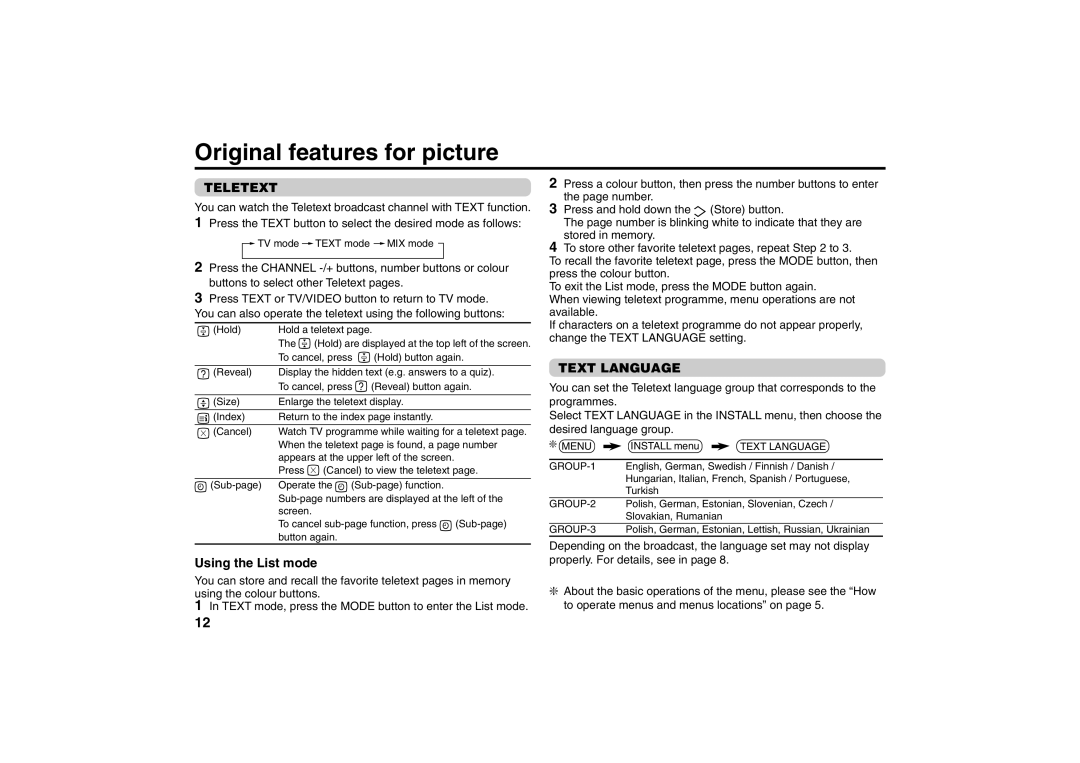 JVC AV-21YX50, AV-21YS24, AV-20NX50 Original features for picture, Teletext, Using the List mode, Text Language 