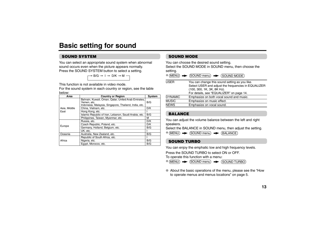 JVC AV-21YS24, AV-21YX50, AV-20NX50 specifications Basic setting for sound, Sound System, Sound Mode, Balance, Sound Turbo 