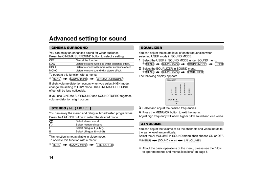 JVC AV-20NX50, AV-21YX50, AV-21YS24 specifications Advanced setting for sound, Cinema Surround, Stereo, Equalizer, AI Volume 