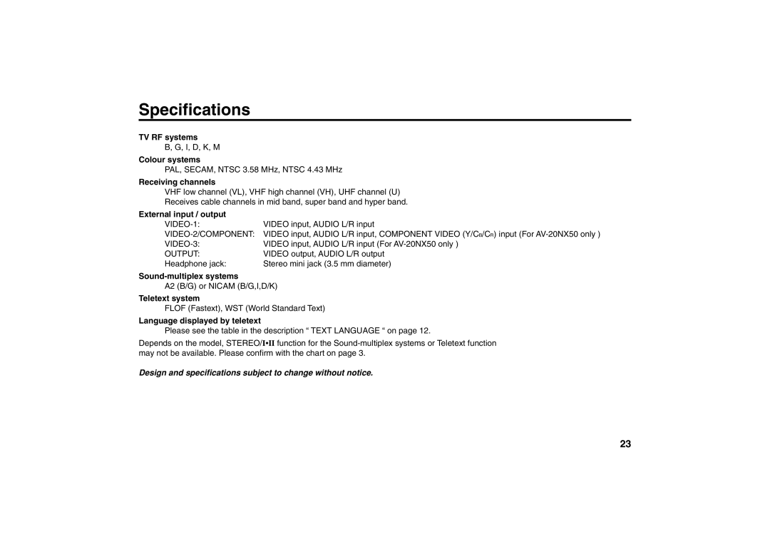 JVC AV-20NX50, AV-21YX50, AV-21YS24 specifications Specifications 