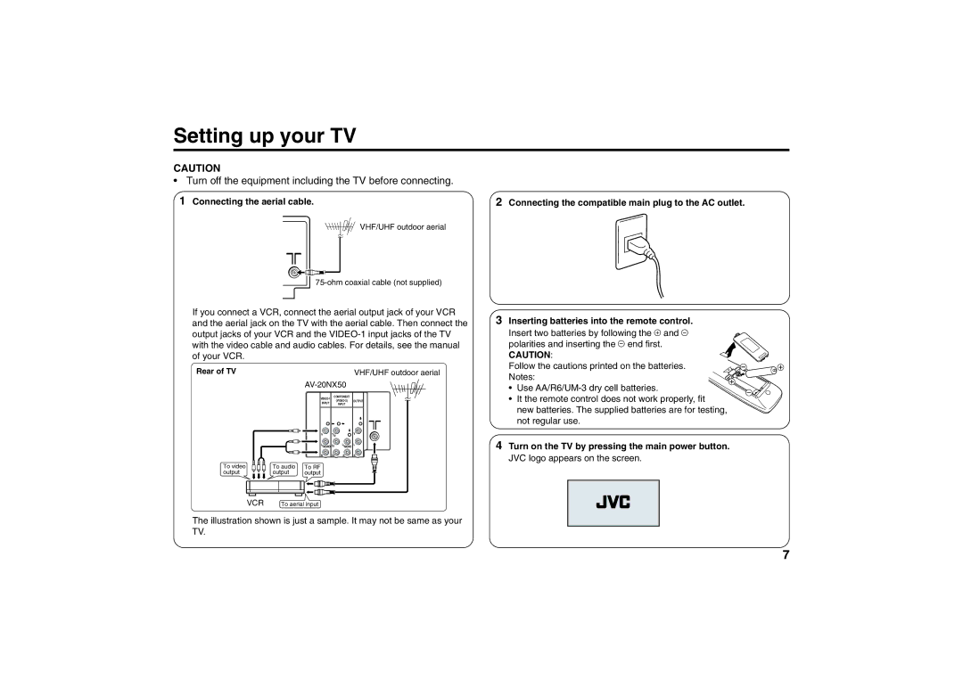 JVC AV-21YS24 Setting up your TV, Turn off the equipment including the TV before connecting, Connecting the aerial cable 