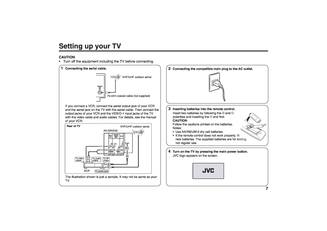 JVC AV-21YS24, AV-21YX50 Setting up your TV, Connecting the aerial cable, 3Inserting batteries into the remote control 