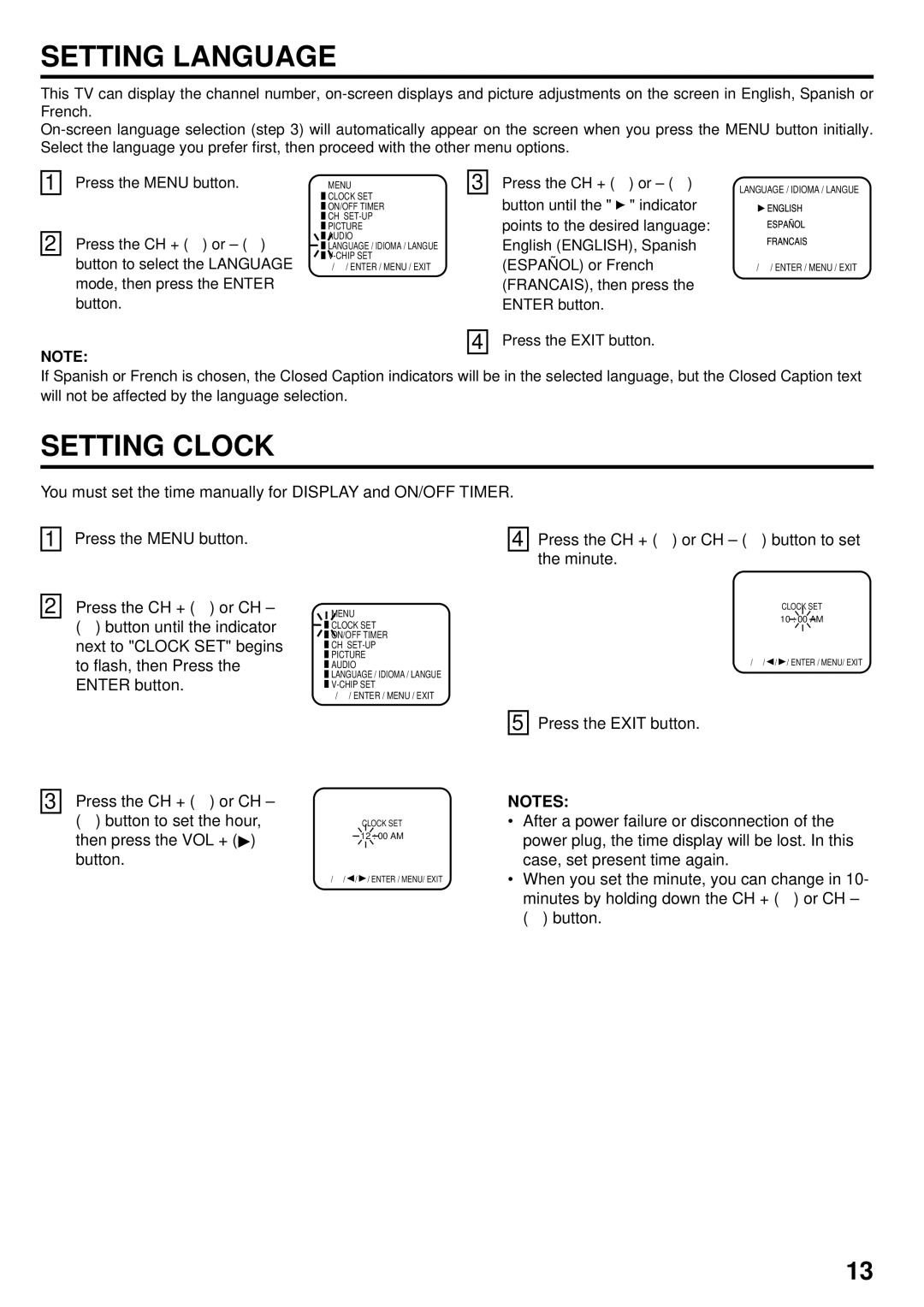 JVC AV 24F702 manual Setting Language, Setting Clock, Press the CH + or CH button to set the minute 