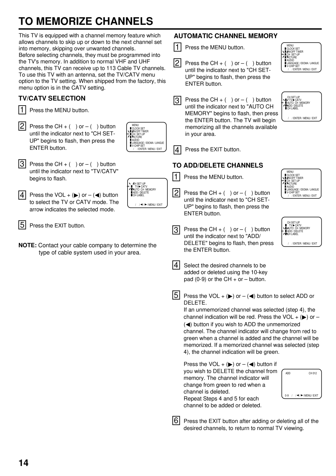 JVC AV 24F702 manual To Memorize Channels, Automatic Channel Memory, TV/CATV Selection, To ADD/DELETE Channels 