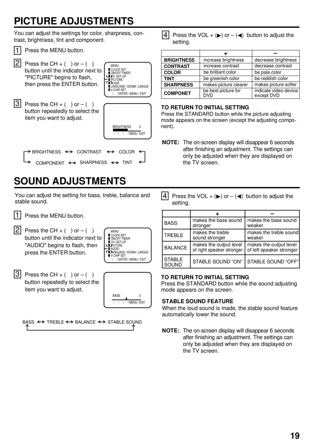 JVC AV 24F702 manual Picture Adjustments, Sound Adjustments, To Return to Initial Setting, Stable Sound Feature 