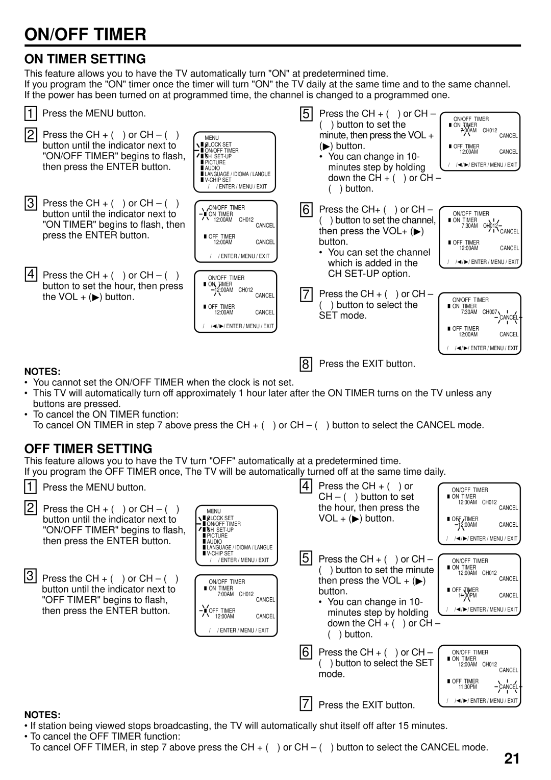 JVC AV 24F702 manual ON/OFF Timer, On Timer Setting, OFF Timer Setting, Press the CH + or CH button to select the SET mode 