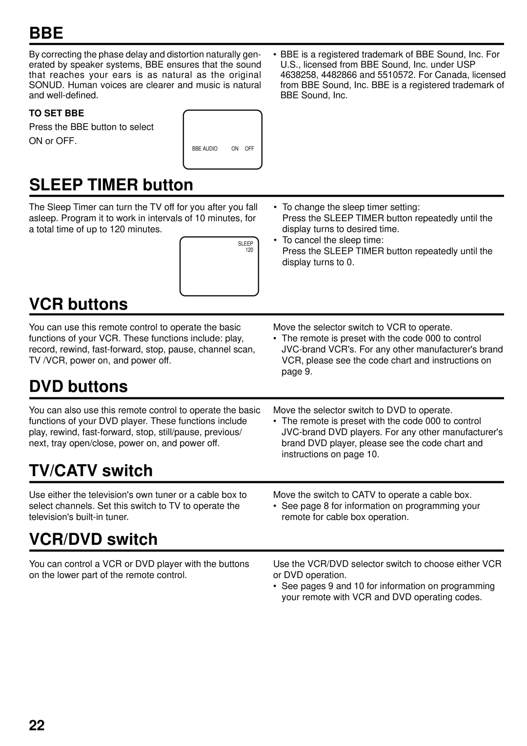 JVC AV 24F702 manual Bbe, To SET BBE, Press the BBE button to select On or OFF 