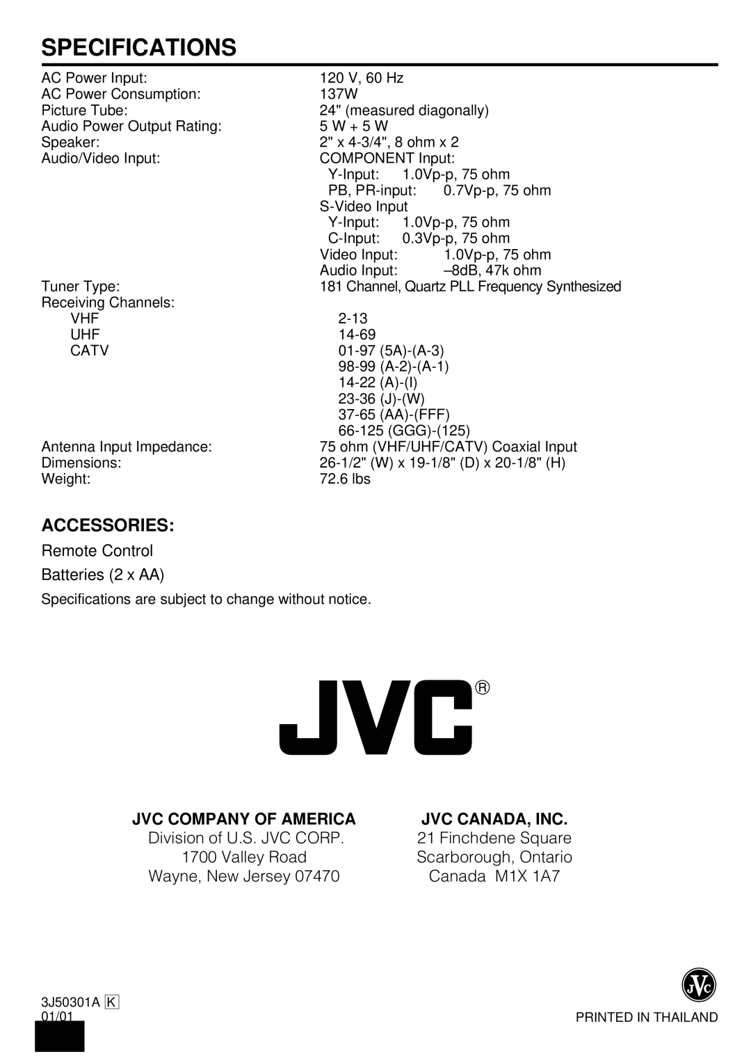 JVC AV 24F702 manual Specifications, Accessories, Channel, Quartz PLL Frequency Synthesized, 3J50301A K 01/01 