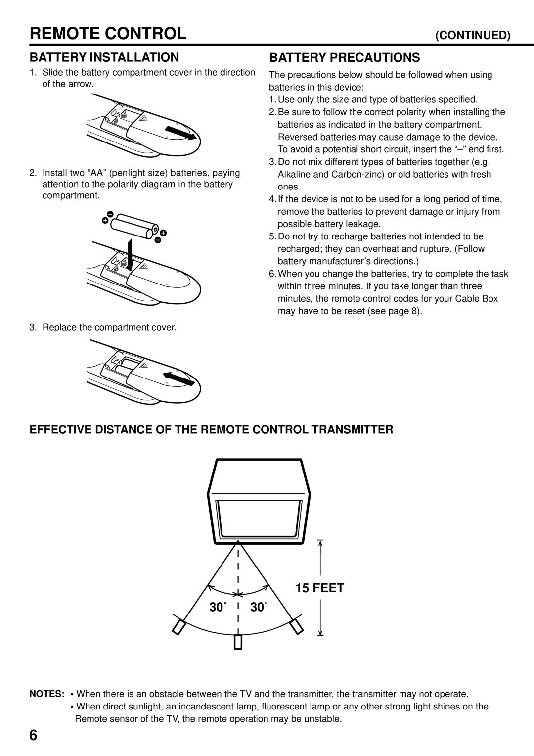 JVC AV 24F702 manual Battery Installation, Battery Precautions, Feet 