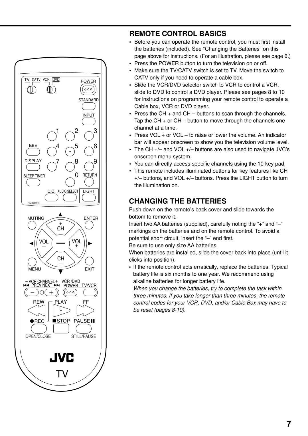 JVC AV 24F702 manual Remote Control Basics, Changing the Batteries 