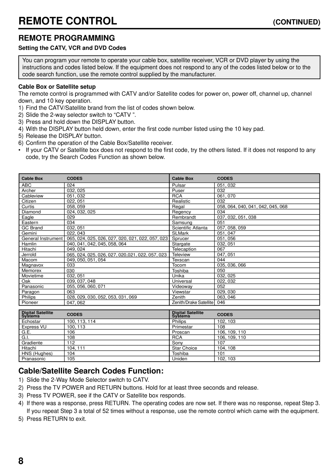 JVC AV 24F702 Remote Programming, Setting the CATV, VCR and DVD Codes, Cable Box or Satellite setup, Press Return to exit 