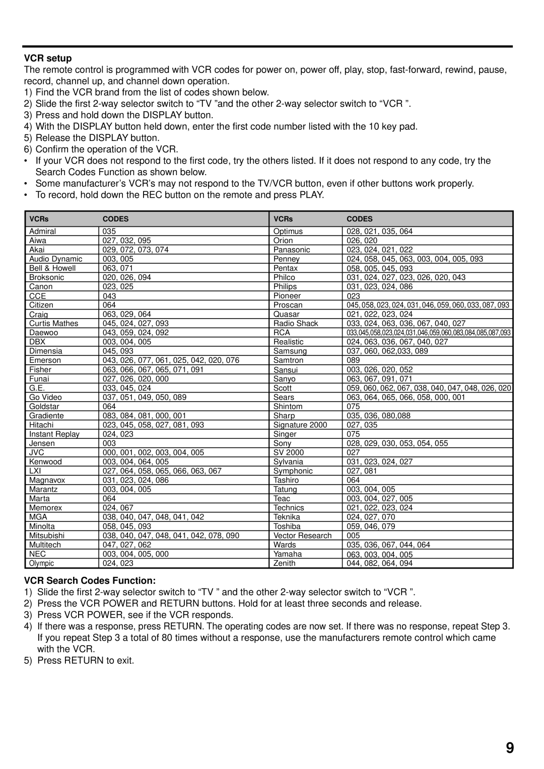 JVC AV 24F702 manual VCR setup, VCR Search Codes Function 