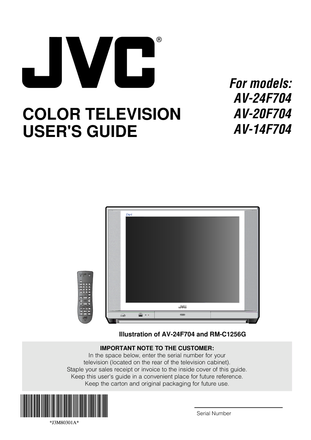 JVC AV 14F704, AV-24F704, AV 20F704 manual Important Note to the Customer, Serial Number 