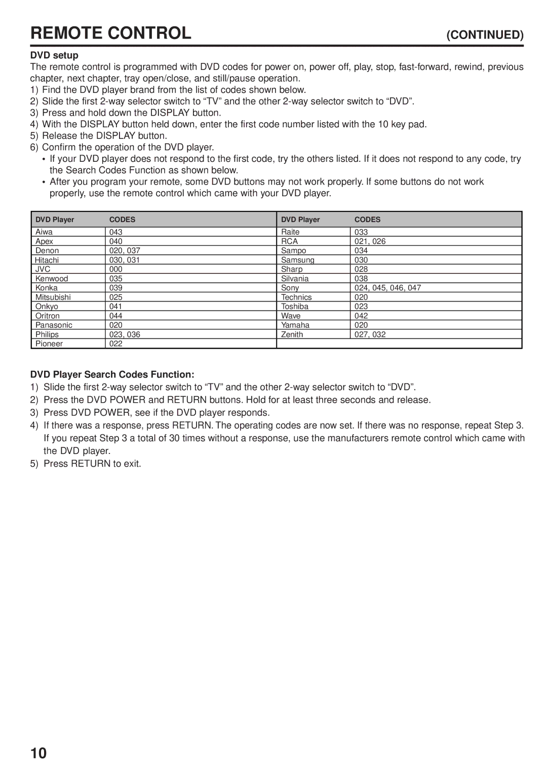 JVC AV 14F704, AV-24F704, AV 20F704 manual DVD setup, DVD Player Search Codes Function 