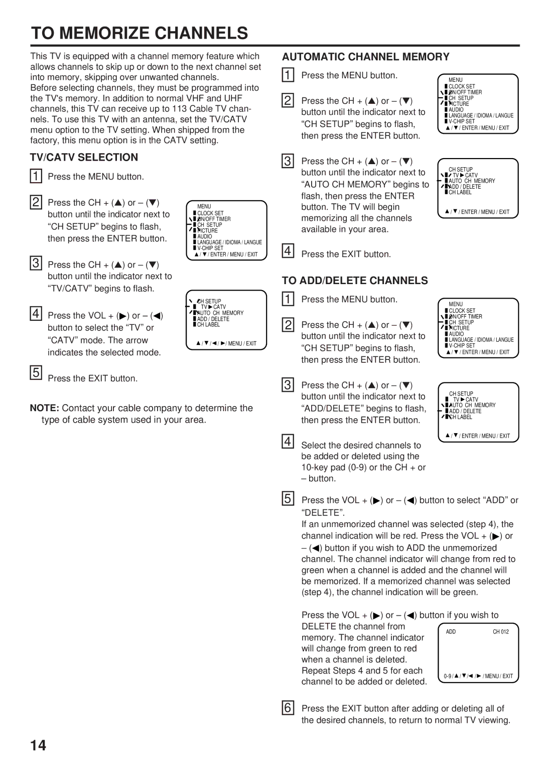 JVC AV 20F704, AV-24F704 manual To Memorize Channels, Automatic Channel Memory, TV/CATV Selection, To ADD/DELETE Channels 