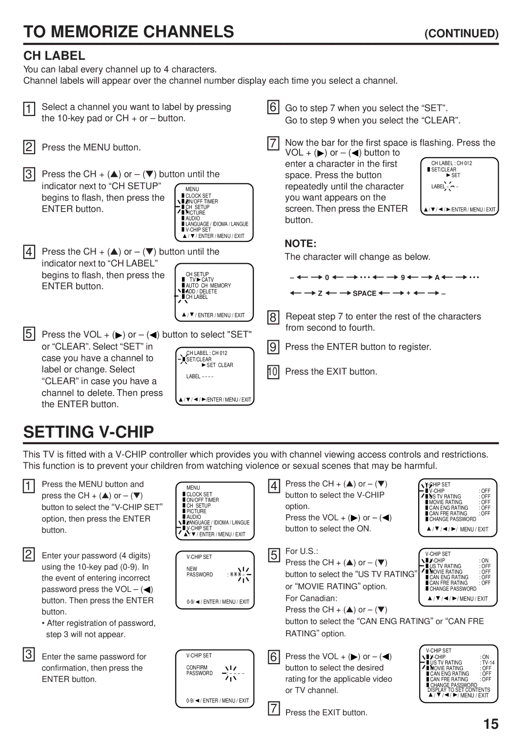 JVC AV-24F704, AV 14F704, AV 20F704 manual Setting V-CHIP, CH Label 